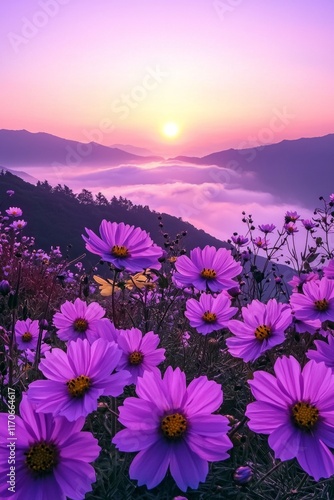 Purple and yellow flowers field during sunrise with a sea of clouds and mountains in the distance