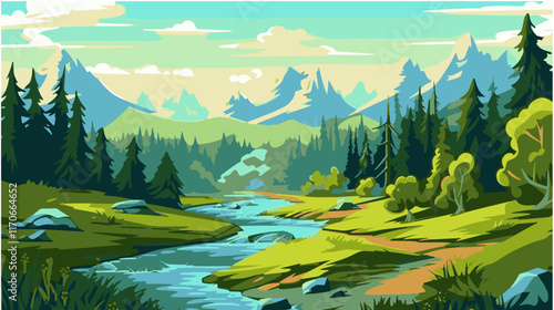 Beautiful mountain strem river scenery with clear still water, mountain ridge, dense forest, meadow shores and tall pine trees in the foreground.