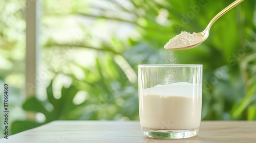Colostrum Powder Being Poured into a Glass of Water