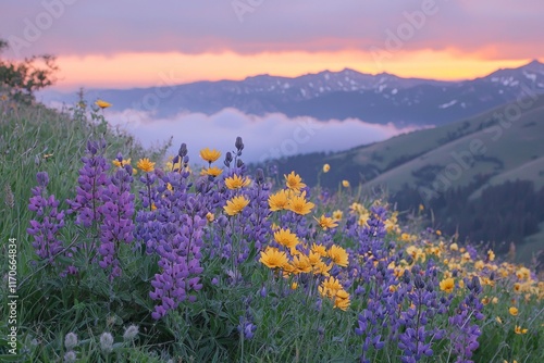 Purple and yellow flowers field during sunrise with a sea of clouds and mountains in the distance