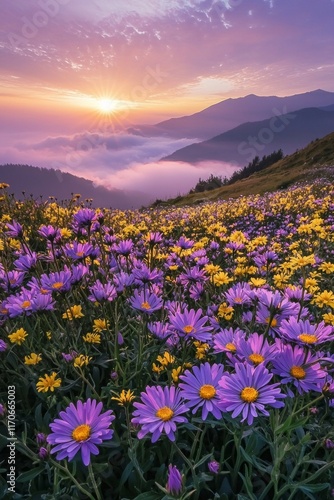 Purple and yellow flowers field during sunrise with a sea of clouds and mountains in the distance