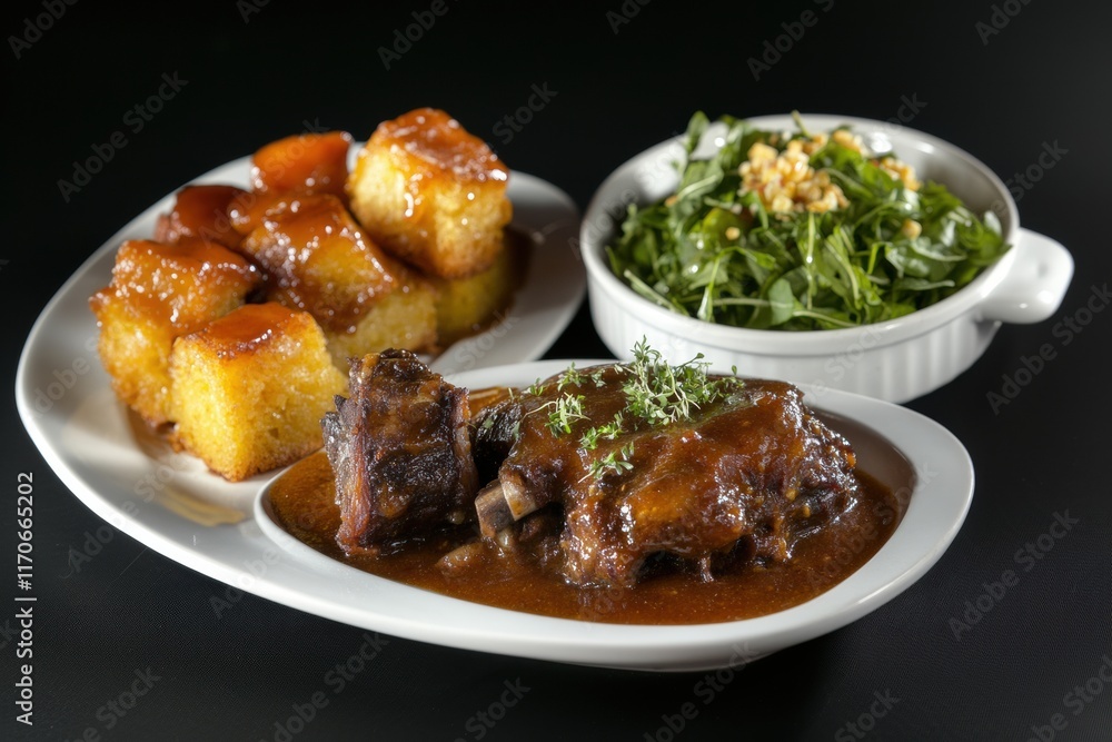 Fototapeta premium A african american plate featuring savory ribs, sweet glazed cakes, and a fresh salad.