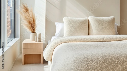 Modern Bedroom with Bouclé Upholstered Bed photo