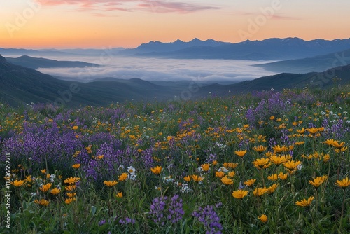Purple and yellow flowers field during sunrise with a sea of clouds and mountains in the distance