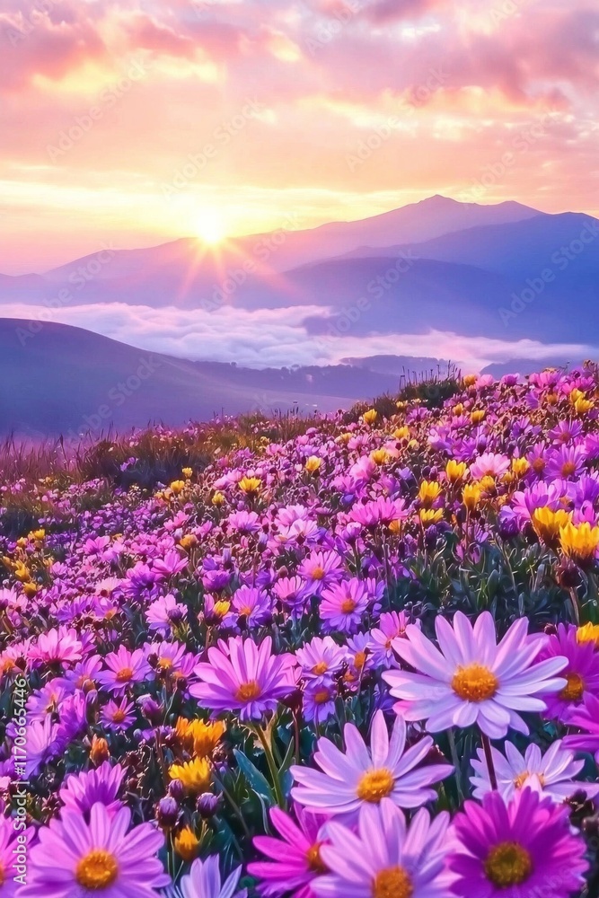 Fototapeta premium Purple and yellow flowers field during sunrise with a sea of clouds and mountains in the distance