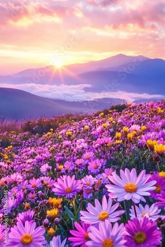 Purple and yellow flowers field during sunrise with a sea of clouds and mountains in the distance