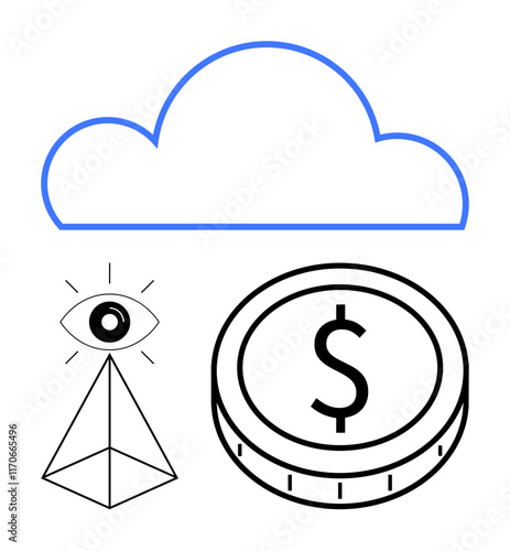 Cloud outline, coin with dollar sign, pyramid topped with all-seeing eye representing digital finance, security, and global surveillance. Ideal for technology, finance, innovation, data