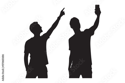 Boys taking a selfie silhouette vector illustration