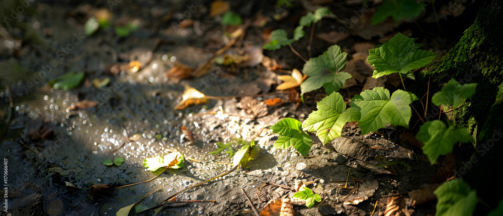 Lush Green Leaves on Wet Ground Surrounded by Autumn Leaves in a Serene Forest Setting Lush Green Leaves on Wet Ground Surrounded by Autumn Leaves in a Serene Forest Setting