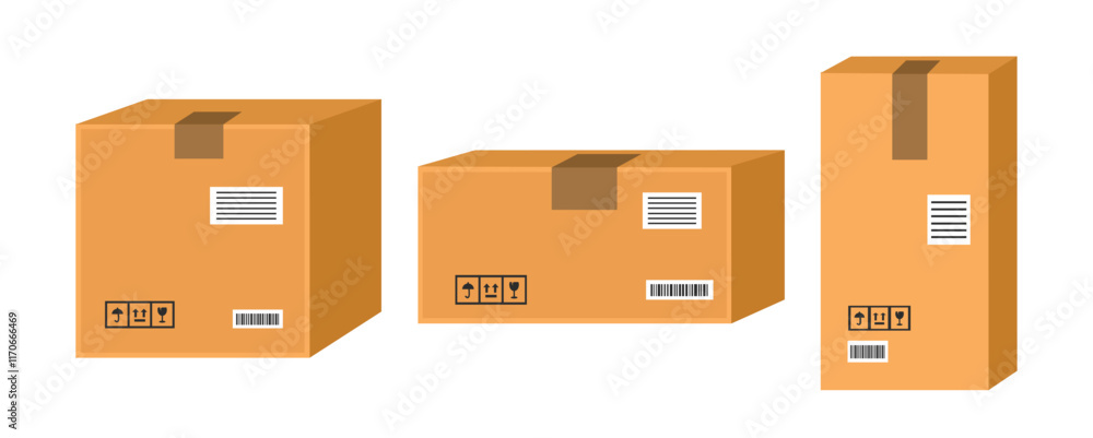 Fototapeta premium Set of cardboard package illustration. Box illustration. Corrugated cardboard. Warehouse product box. 