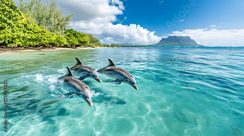 A family of wild dolphins playing in the clear ocean waters. Mauritius, Indian Ocean