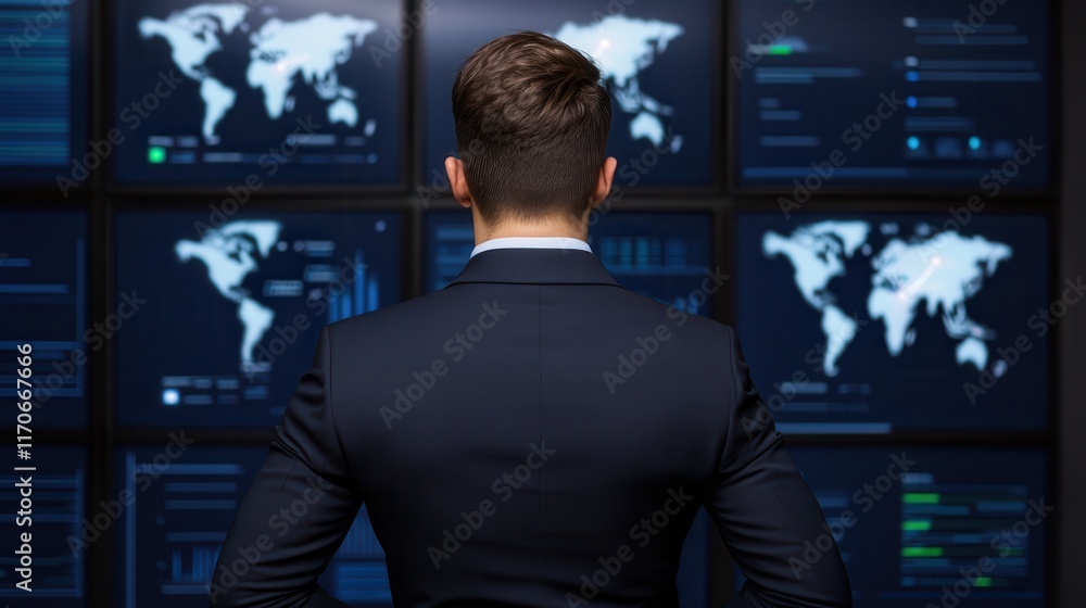 Naklejka premium Cyber attacks threaten business continuity. Businessman analyzing data on digital screens in a modern office.