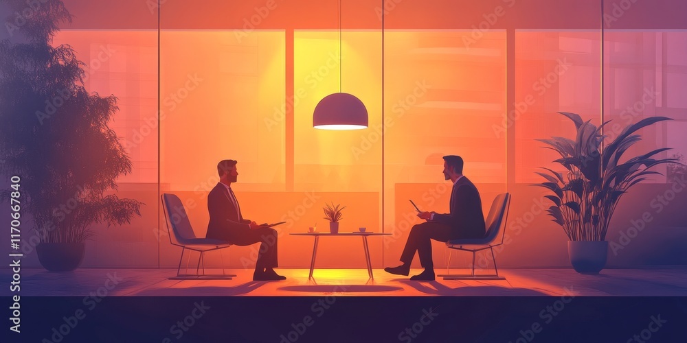 Two men are sitting at a table in a room with a potted plant in the background Two men are sitting at a table in a room with a potted plant in the background
