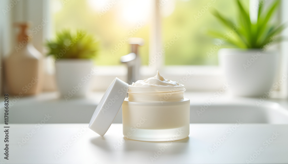 Allergen-free face cream jar in bright bathroom setting, skincare concept Allergen-free face cream jar in bright bathroom setting, skincare concept