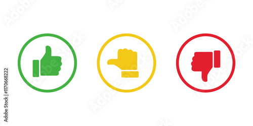 Like, neutral, and dislike hand icon on circle outline. Thumb up, middle, and down color sign symbol