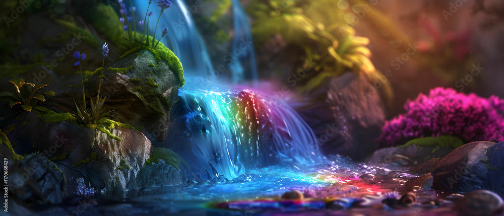 Enchanted Waterfall with Vivid Colors and Lush Surroundings in a Magical Forest Scene Enchanted Waterfall with Vivid Colors and Lush Surroundings in a Magical Forest Scene
