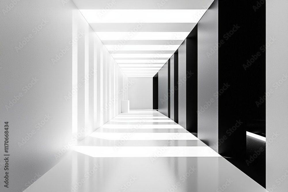 White and black minimalist symmetrical architecture of an empty hallway for background White and black minimalist symmetrical architecture of an empty hallway for background