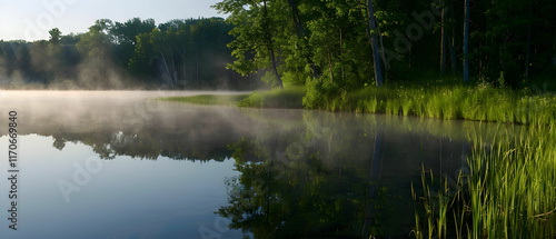 Tranquil Early Morning Mist Over Serene Lake Surrounded by Lush Green Trees and Grassy Shoreline in a Peaceful Natural Setting