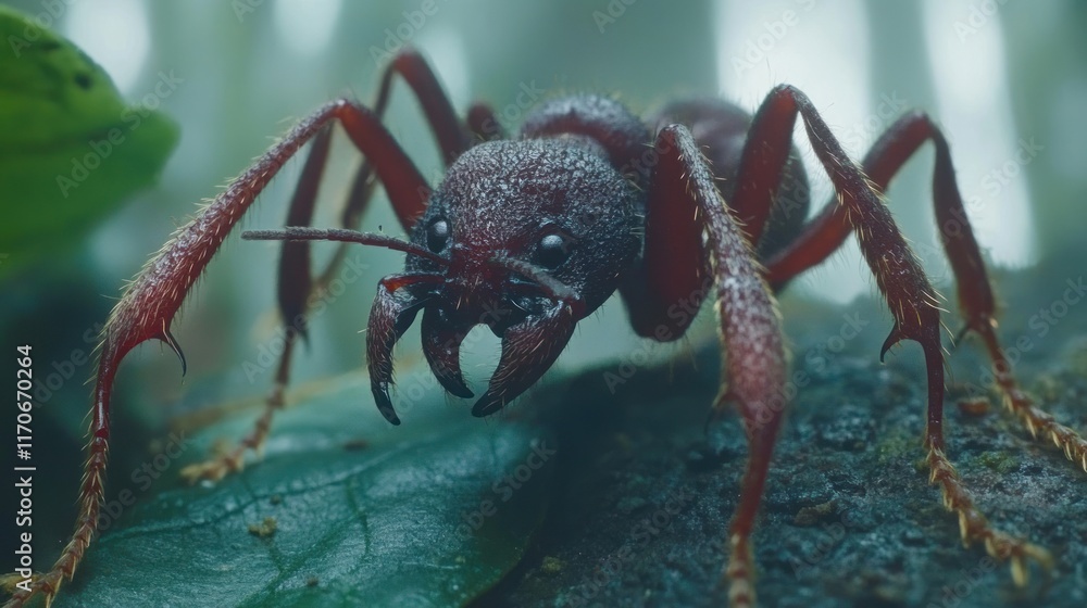 Close-up of a large, red ant on a leaf in a forest. Close-up of a large, red ant on a leaf in a forest.