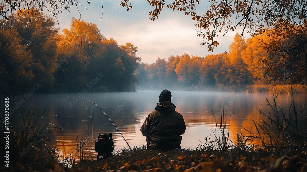 Solitary fisherman enjoying serene autumn morning by calm river. Solitary fisherman enjoying serene autumn morning by calm river.