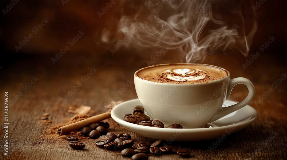 Indulging in a warm cup of cappuccino on a cozy wooden table. Generative AI Indulging in a warm cup of cappuccino on a cozy wooden table. Generative AI
