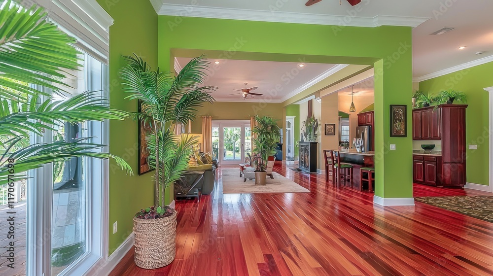 Fototapeta premium Luxurious Tropical Home Interior with Green Walls and Hardwood Floors
