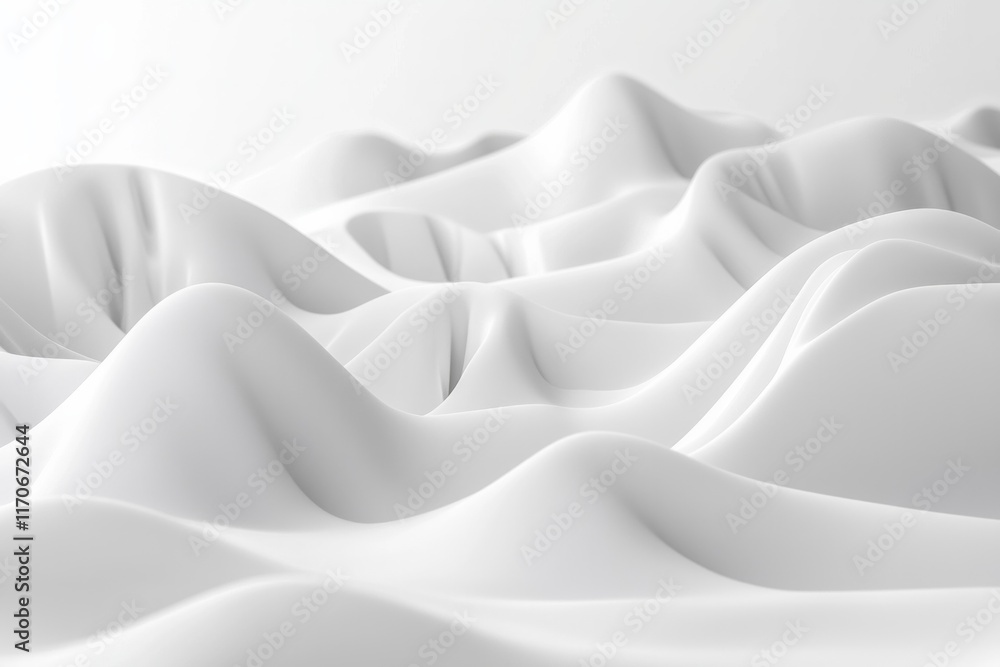 Fototapeta premium Three-dimensional abstract shape of hills and waves, soft light reflection in white color