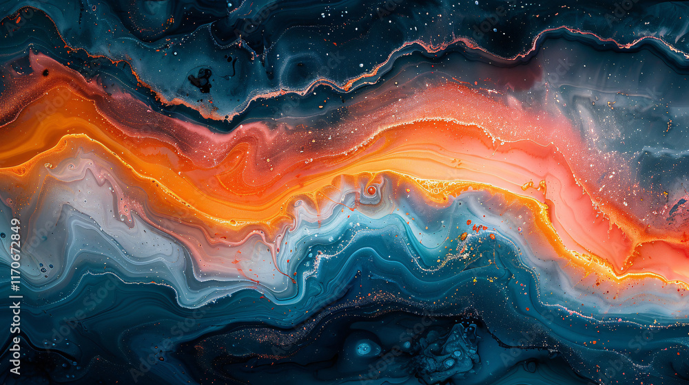 Abstract image showing fluid motion of ink-like patterns with orange highlights