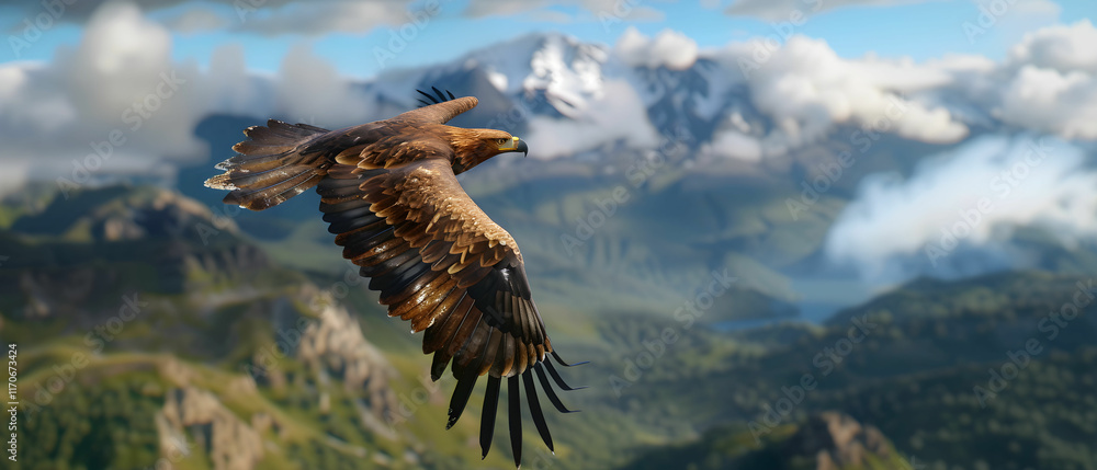 Fototapeta premium Majestic Golden Eagle in Flight Against Scenic Mountain Landscape with Lush Greenery and Blue Sky