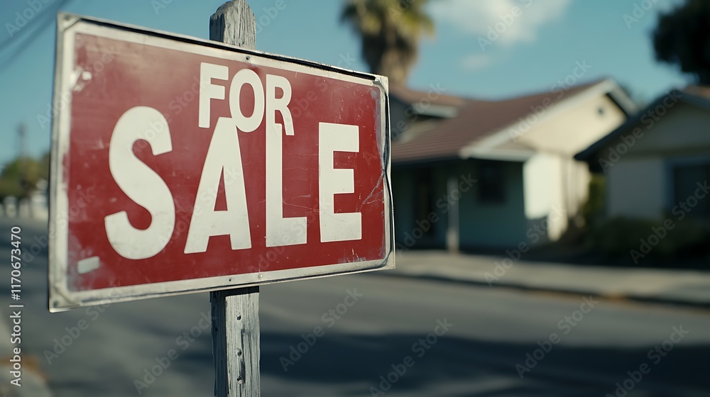 House For Sale Sign on Residential Street House For Sale Sign on Residential Street