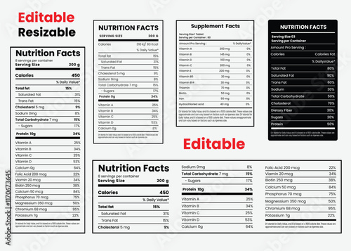 Nutrition facts template, supplement facts template and vitamin facts vector template