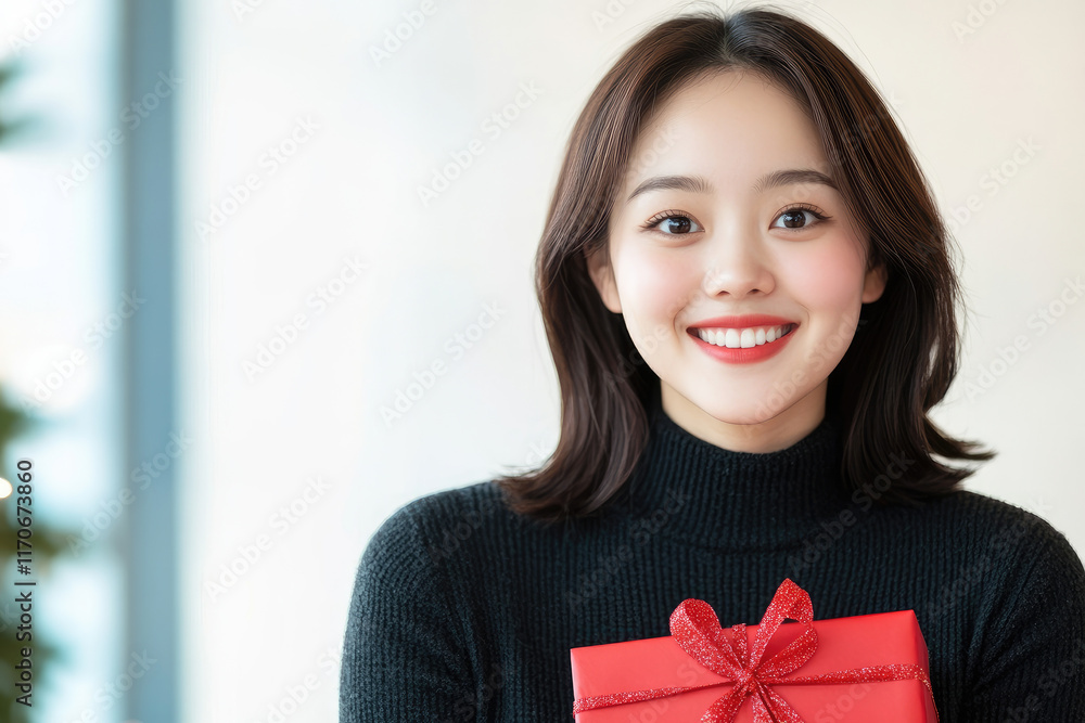 Joyful Asian woman in casual attire delights in festive shopping for Christmas and New Year at a vibrant mall filled with holiday spirit Joyful Asian woman in casual attire delights in festive shopping for Christmas and New Year at a vibrant mall filled with holiday spirit