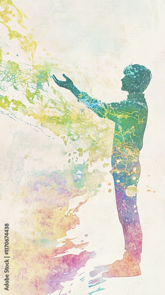 Naklejka premium Abstract Watercolor Silhouette of a Person Reaching Out with Colorful Energy Flowing