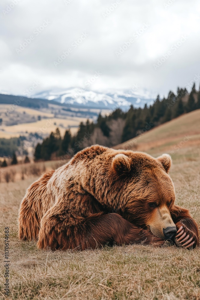 Fototapeta premium A resting bear in a serene landscape with mountains in the background.