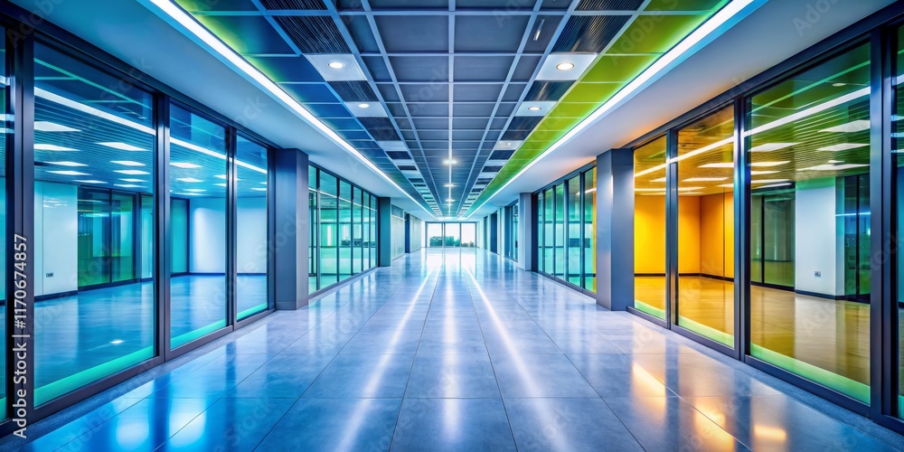 Empty Modern Office Building Hallway - Aerial View, Generative Stock Photo Empty Modern Office Building Hallway - Aerial View, Generative Stock Photo