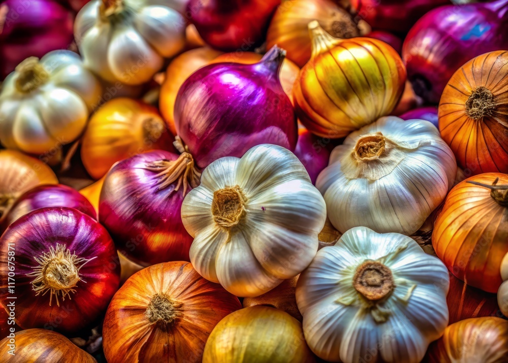 Fresh Onions and Garlic, Superior View: Vibrant Culinary Ingredients Fresh Onions and Garlic, Superior View: Vibrant Culinary Ingredients