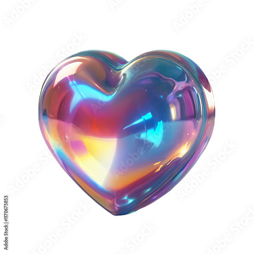 3D chrome element in Y2K style, isolated background, liquid holographic metal. A heart made of glass with a rainbow of colors.