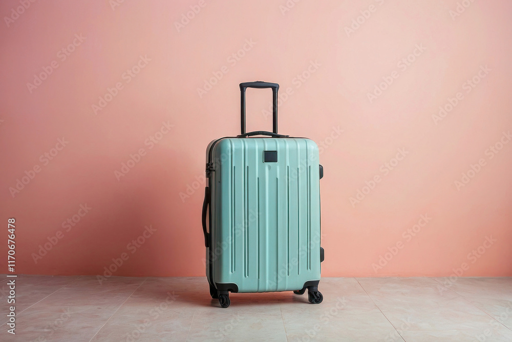 A green suitcase is sitting on a pink wall. The suitcase is open and ready to be packed A green suitcase is sitting on a pink wall. The suitcase is open and ready to be packed
