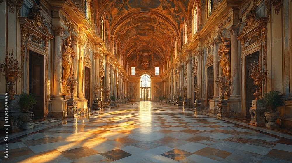Fototapeta premium Sunlit Baroque Chapel Interior Golden Architecture