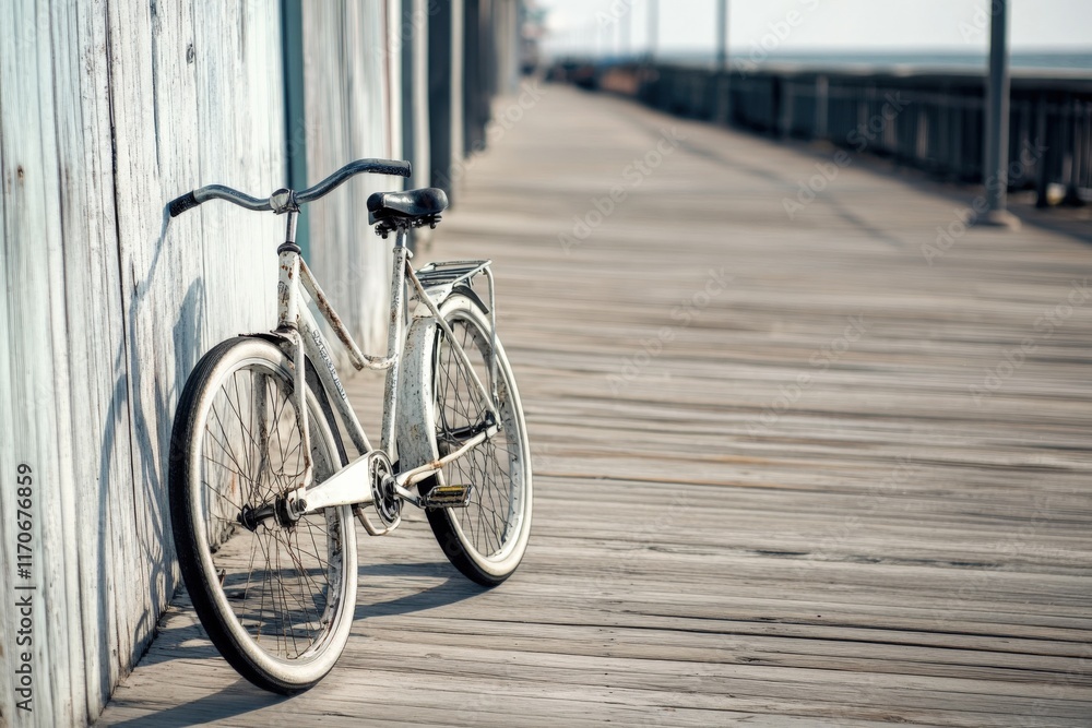 New Jersey Shore: Old Style Bikes on Beach Boardwalk with White Isolated Bicycle Wheels New Jersey Shore: Old Style Bikes on Beach Boardwalk with White Isolated Bicycle Wheels