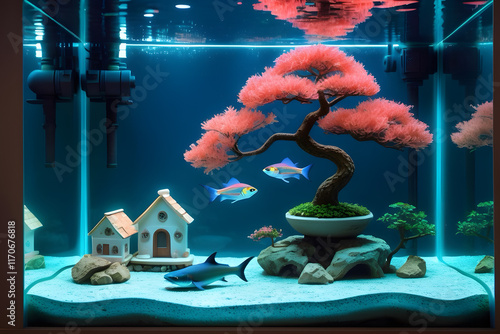 A beautiful and creative fish tank with tiny bonsai tree and clear water and cute fishes photo