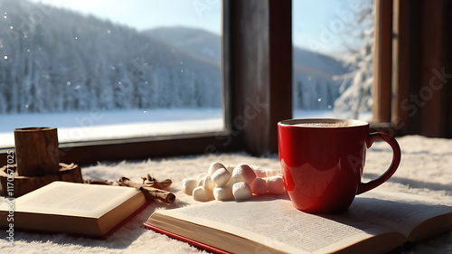 Red mug of cocoa with marshmallows, scarf and book on white table. Slow motion video with hot beverage by window with winter landscape. Cup of aroma coffe. Cozy winter and Christmas holidays concept