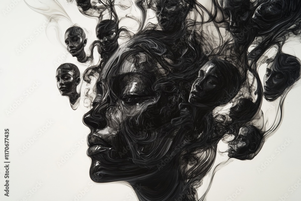 Fototapeta premium Surreal Artistic Portrait of a Woman with Flowing Hair and Floating Faces