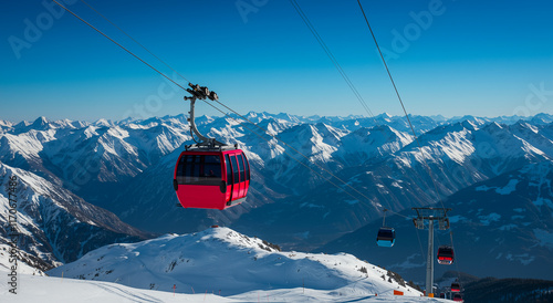 Cable car, ski lift and winter landscape with mountains for travel, tourism and transportation in snow, funicular, resort, recreation, journey, gondola, transport and adventure for skiing and sport