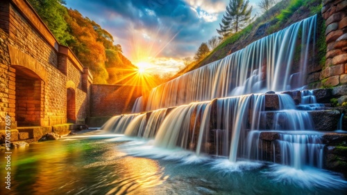 Sunlit Water Splashes at Ticinazzo Sluice Waterfall, Galliate, Italy photo