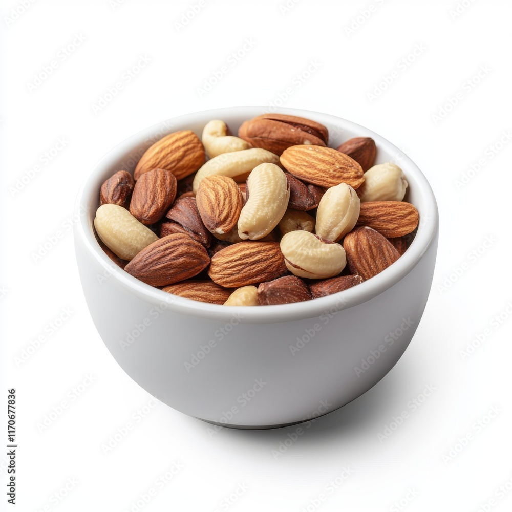 Mixed nuts in a white bowl displayed on a clean surface for healthy snacking Mixed nuts in a white bowl displayed on a clean surface for healthy snacking