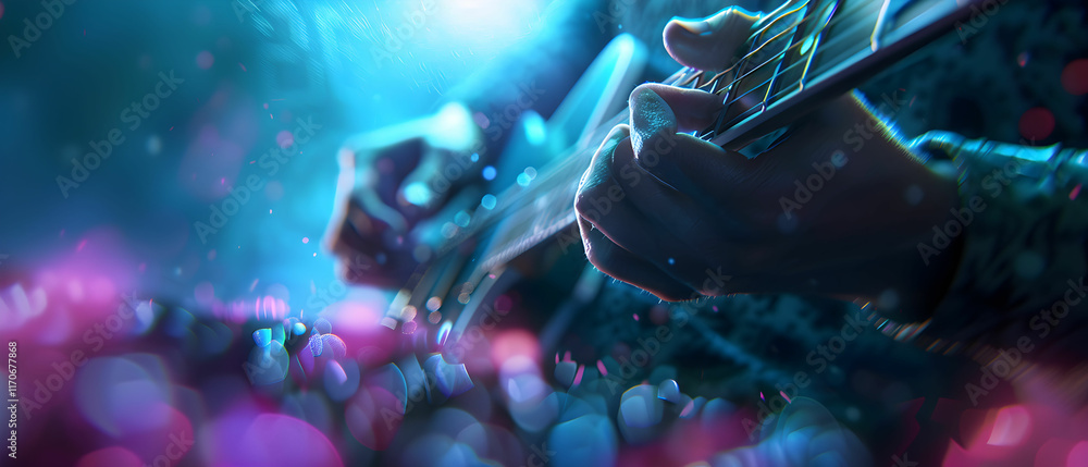 Close-up View of Guitarist's Hands Playing Guitar in Colorful Bokeh Light Environment Close-up View of Guitarist's Hands Playing Guitar in Colorful Bokeh Light Environment