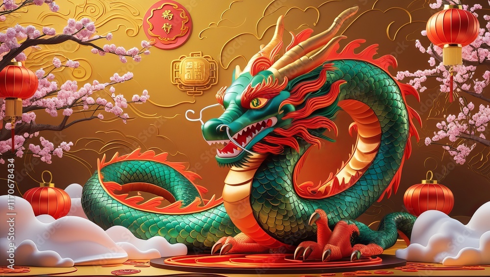 Obraz premium lunar new year with lantern in red gold theme
