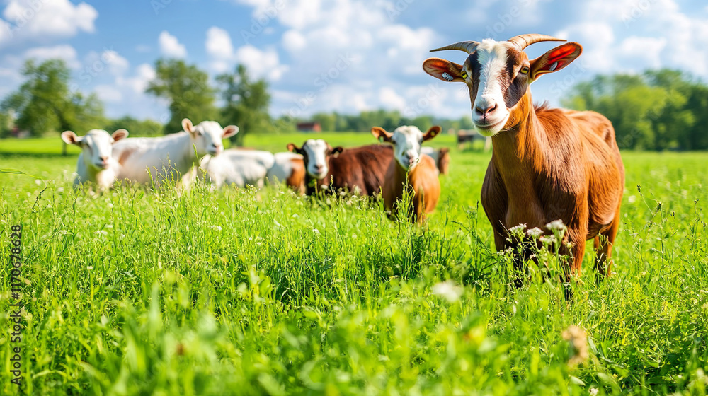 Fototapeta premium A group of great Boer goats grazing on the farm's green pastures
