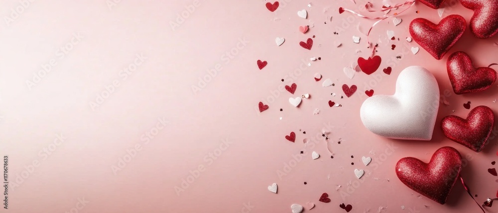 Romantic Valentines Day Background with Red and White Hearts and Confetti Romantic Valentines Day Background with Red and White Hearts and Confetti